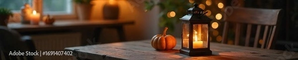 Obraz Cozy home interior scene featuring a lit lantern on a rustic wooden table, creating a warm and inviting atmosphere Perfect for autumn, fall, home decor, and hygge themes , fall, vintage, autumn