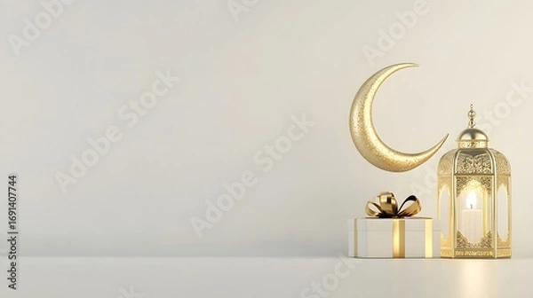 Fototapeta Elegant, golden crescent moon, lantern, and gift box display.