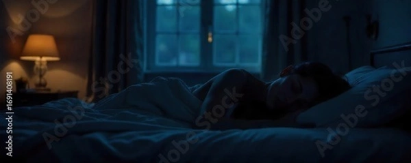 Obraz Silhouette of a dark, shadowy figure resting on a bed, covered by a blanket, in a dimly lit room, suggesting peaceful sleep ,  blanket,  insomnia,  darkness