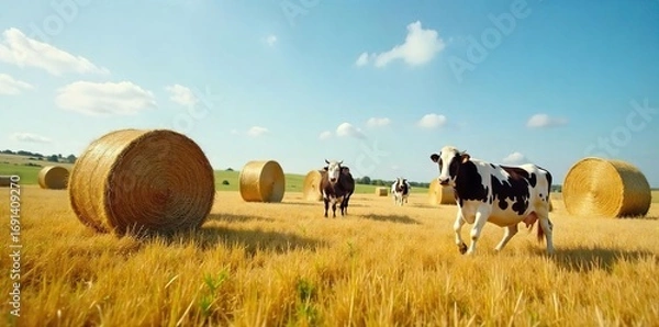 Obraz Hilarious cows frolic in a field of oddly shaped hay bales, creating a comical and absurd pasture scene Perfect for quirky websites, blogs, or humorous projects , cartoonish, lighthearted