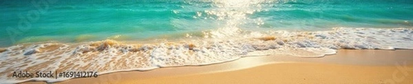 Obraz Golden sand sparkles under the bright summer sun, turquoise waves gently lap the shore, creating a postcard-perfect sunny beach scene Ideal for travel, vacation, and summer themes , heat, summer
