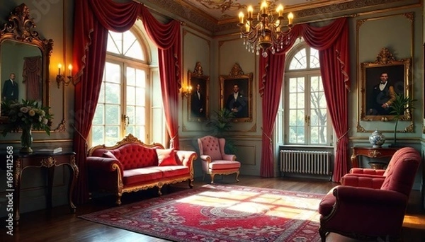 Obraz Elegant Victorian-era interior with ornate details, plush furniture, and rich fabrics Sunlight streams through a large window, illuminating the opulent space , window, details, refined