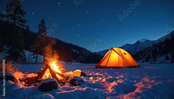 Obraz Cozy camping scene at night, warm fire glowing in foreground, illuminated tent in the background under starry sky Perfect for winter camping, hygge, and outdoor adventures , shadows, blanket