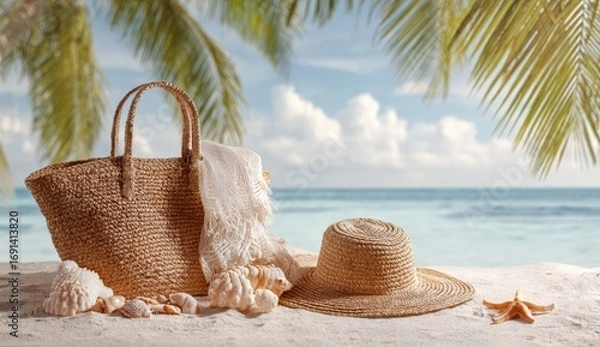 Obraz Beach bag, hat, and shells on the sand