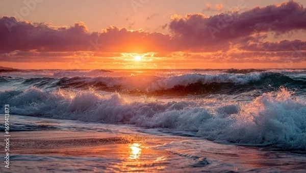 Obraz Dramatic sunset over ocean waves