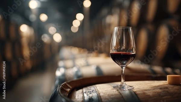 Obraz Wine glass filled with red wine on wooden barrel in a cellar