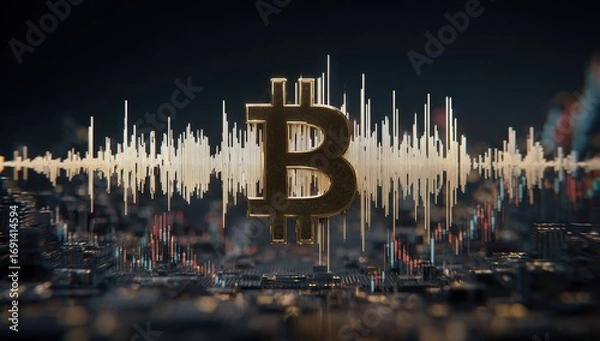 Obraz Bitcoin symbol overlaid on audio waves over a city landscape