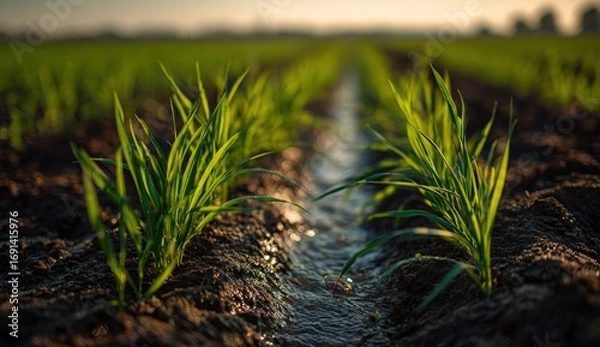 Obraz Young sprouts in a field irrigation channel
