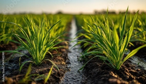 Obraz Freshly planted crops in irrigation furrows