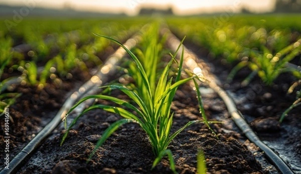 Obraz Young plants in rows, irrigation system