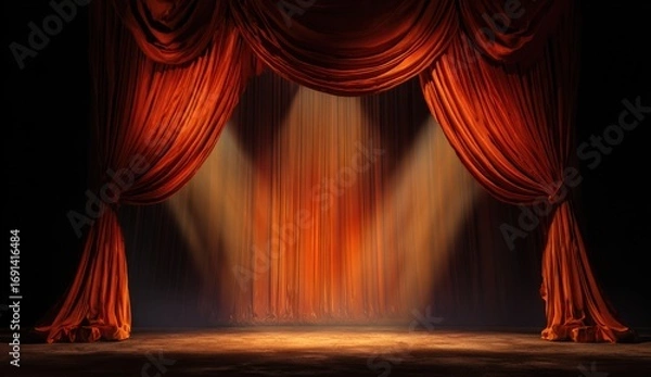 Obraz Theatre stage with rich red curtains and spotlights