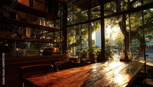 Obraz Warm interior cafe with city view