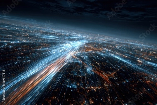 Fototapeta Night city lights streaking across the globe