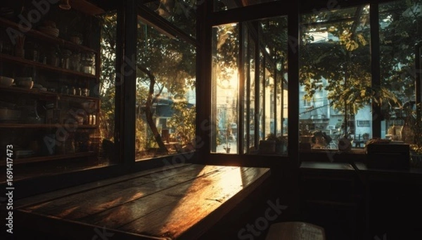 Obraz Sunlight streams into a cozy cafe through large windows