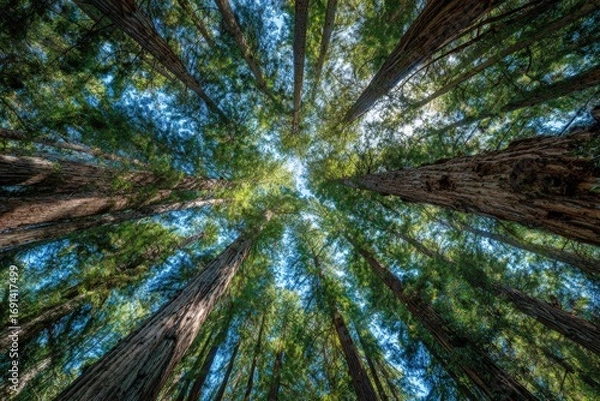 Fototapeta Sunlight filtering through tall redwood trees