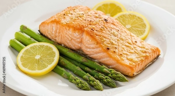 Fototapeta A delicious and healthy meal of baked salmon fillet served with fresh green asparagus and zesty lemon