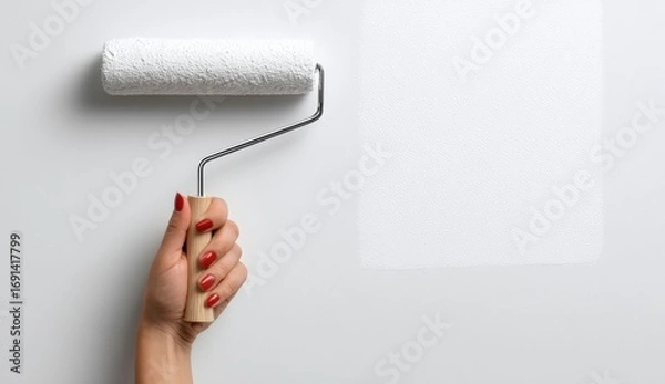 Fototapeta A hand holds a paint roller over a white wall