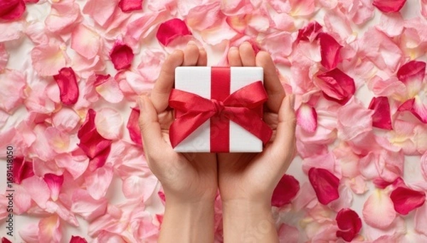 Fototapeta Hands holding a small white gift box with a red ribbon on a bed of rose petals