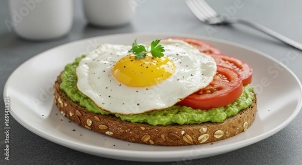 Fototapeta Start your day with vibrant avocado toast topped with a sunny side egg and fresh tomatoes, perfect for healthy breakfast or brunch recipes and food blog content