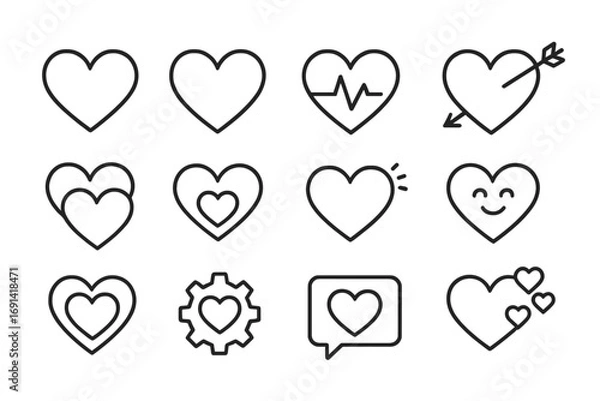 Fototapeta Heart icons set. Love line symbols collection. Valentine's Day linear pictogram bundle. Editable stroke. Romance, health, like, favorite and emotion vector signs for web.