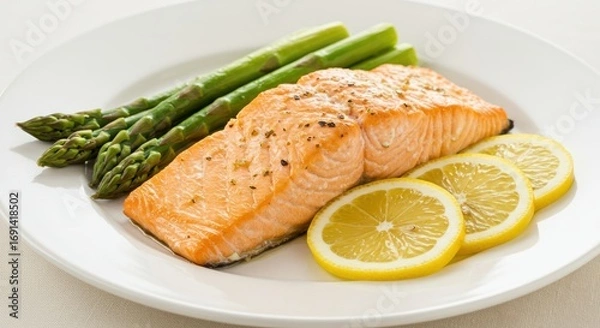 Fototapeta Delicious Baked Salmon with Asparagus and Lemon on a Plate A Healthy and Flavorful Meal