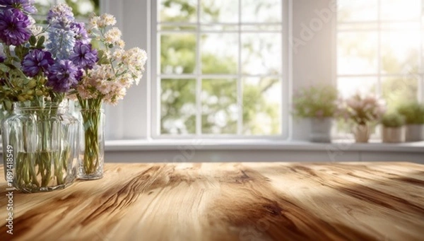Fototapeta Spring flowers on a wooden table by a sunny window