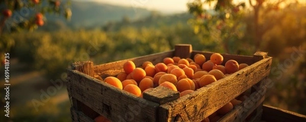 Fototapeta Wooden crate overflowing with ripe apricots in a sunlit orchard