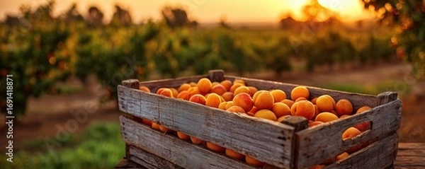 Fototapeta Wooden crate overflowing with ripe apricots at sunset