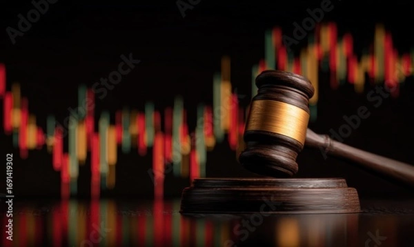 Fototapeta Gavel on a dark background with stock market charts