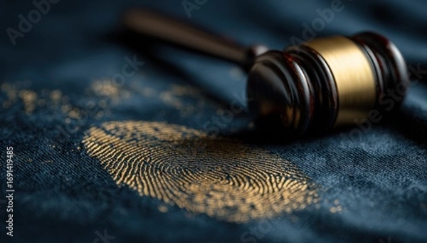 Fototapeta Judge's gavel rests on dark fabric with a gold fingerprint