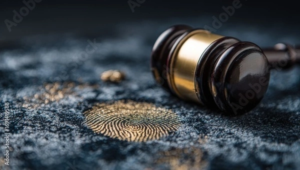 Fototapeta Judge's gavel rests on a textured surface with fingerprints