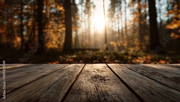 Fototapeta Autumnal forest scene with wooden table