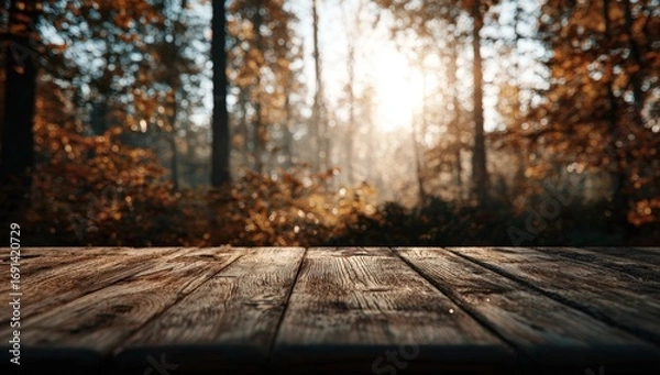 Fototapeta Wooden table in autumn forest