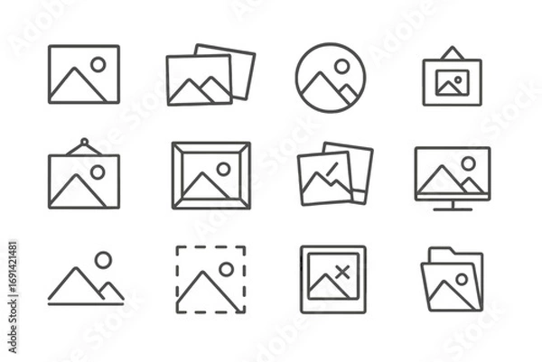 Fototapeta Picture line icon bundle set with outline signs for graphic design, web design, apps, adverts, various cards, digital content, cartoons, and transparent background, organized collection