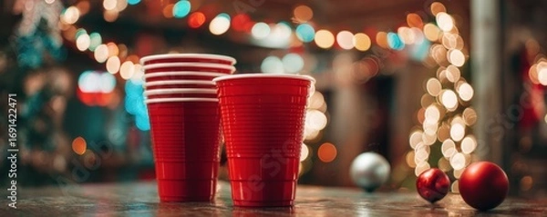 Obraz Red plastic cups on a table, blurred holiday lights in the background