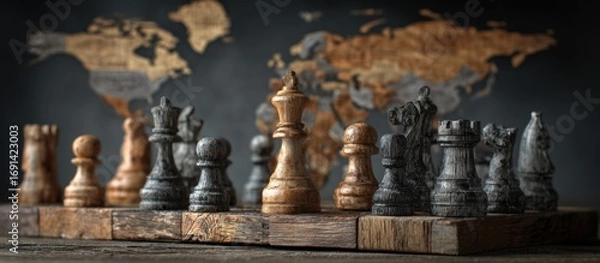 Fototapeta Chess pieces on a wooden board, world map background