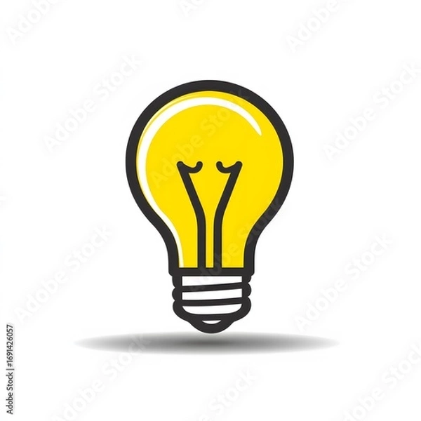 Fototapeta Minimalist Yellow Light Bulb Doodle Icon with a Bold Black Outline and Subtle Drop Shadow.