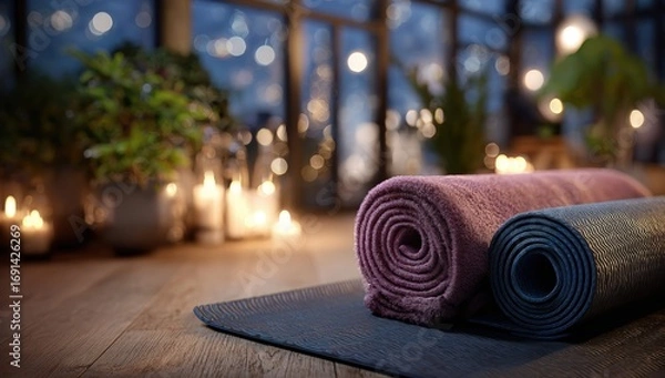 Obraz Yoga mats rolled up in a studio at night