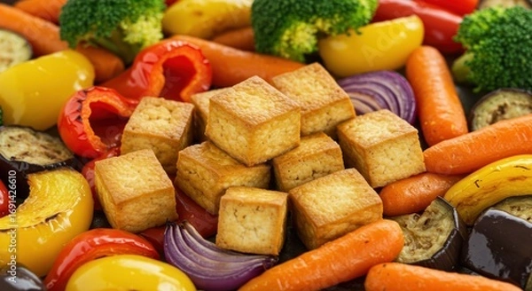 Fototapeta Assortment of Fresh Vegetables and Tofu Cubes - Healthy and Nutritious Food Background