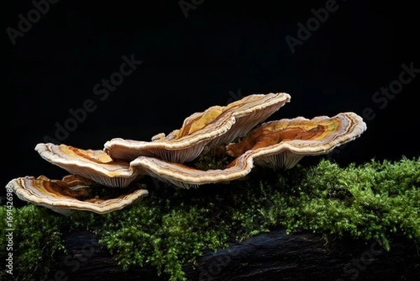 Fototapeta Elegant Polypore Fungi and Lush Green Moss in a Dramatic Still Life Composition.