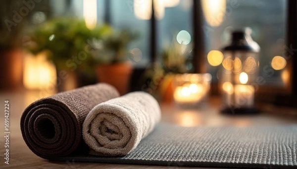 Fototapeta Rolled yoga mats and towels in a spa-like setting