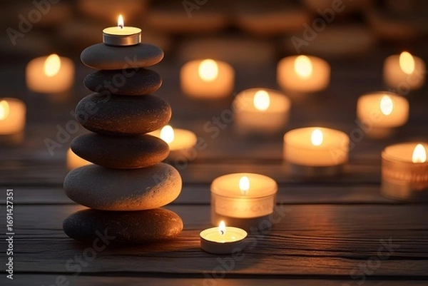 Fototapeta Serene Stone Cairn Topped with a Candle, Surrounded by Soft Candlelight