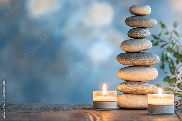 Fototapeta Serene Stone Cairn with Candles, Balanced Rocks, and Bokeh Background for Relaxation.