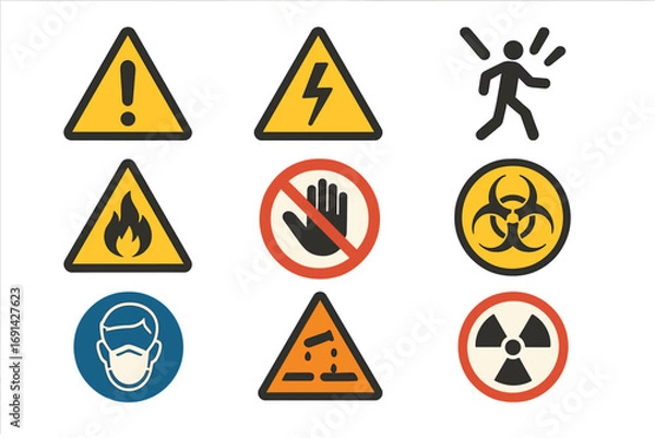 Fototapeta Vector set of safety hazard warning symbols. Flat design icons for danger and caution. Signs for fire, electricity, biohazard, radiation, corrosive and general risk alert.