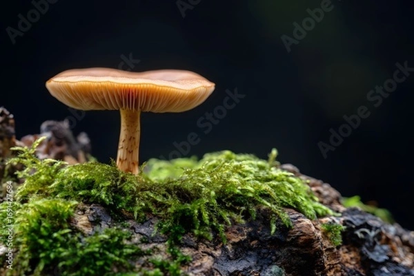 Fototapeta Close-up of a Delicate Tan Mushroom on Moss-Covered Log.