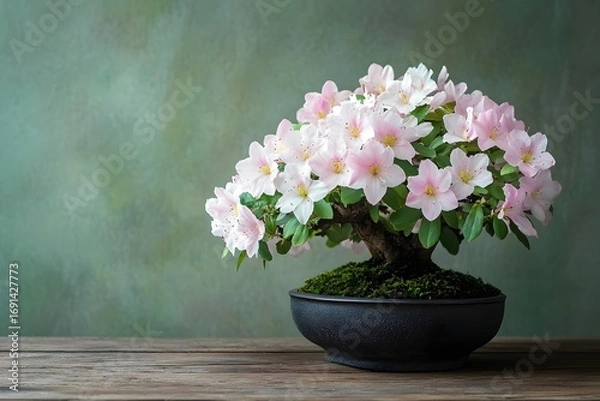 Fototapeta Exquisite Pink Azalea Bonsai Tree in Bloom, Delicate Petals on Textured Green Background.