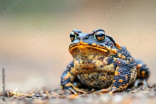 Fototapeta Portrait of an alert ground toad with distinct skin texture and coloration