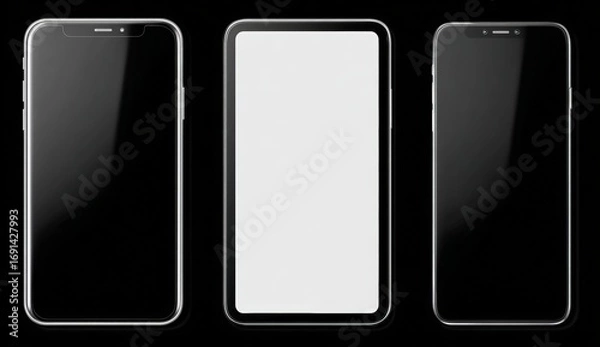 Fototapeta Three modern smartphones, side-by-side, display mockups