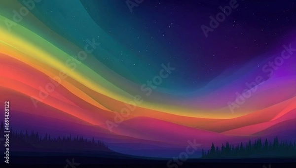 Fototapeta Colorful night sky with aurora borealis and silhouettes of mountains