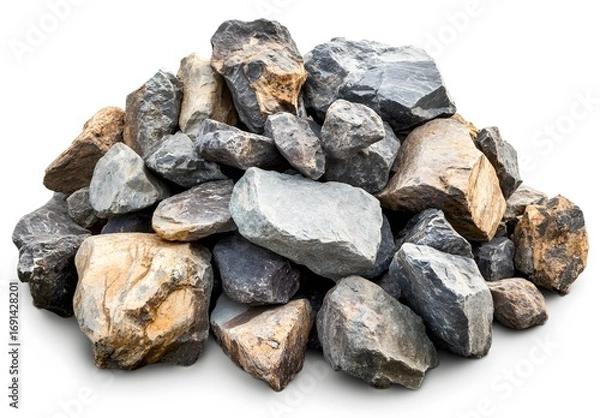 Fototapeta A Textured Mound of Angular, Multicolored Crushed Rocks Isolated on a Pure White Background.